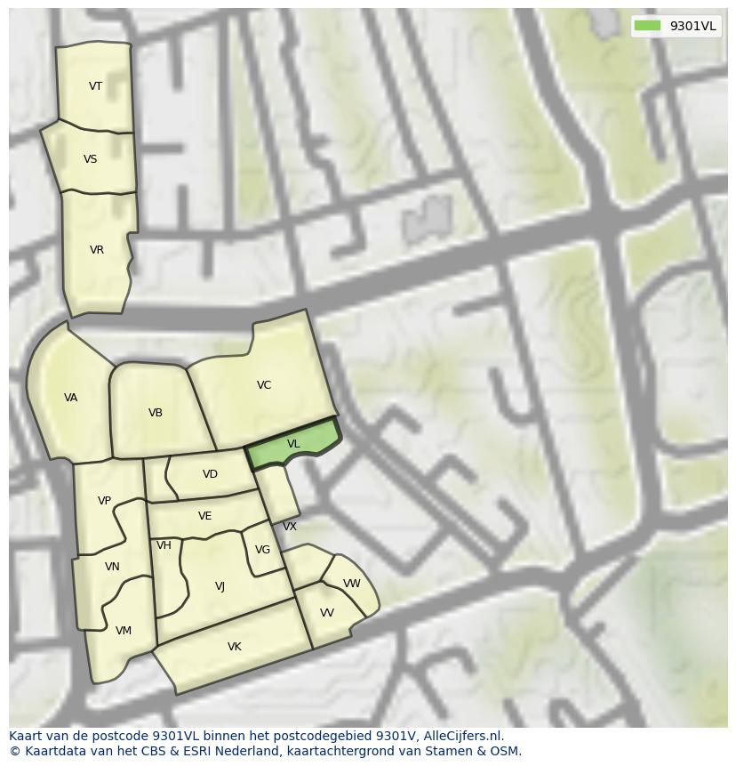 Afbeelding van het postcodegebied 9301 VL op de kaart.