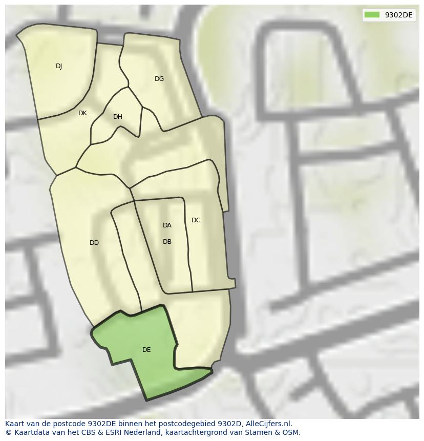 Afbeelding van het postcodegebied 9302 DE op de kaart.