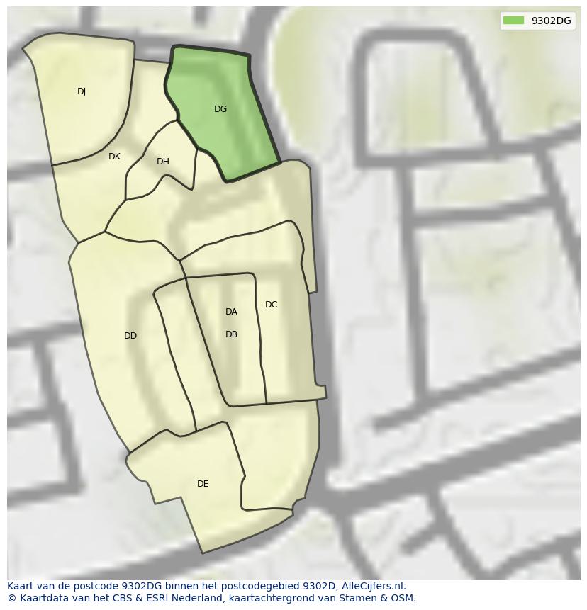 Afbeelding van het postcodegebied 9302 DG op de kaart.