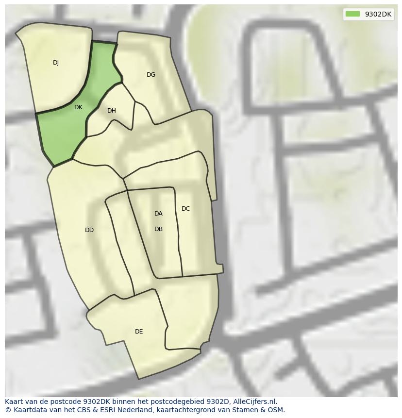 Afbeelding van het postcodegebied 9302 DK op de kaart.
