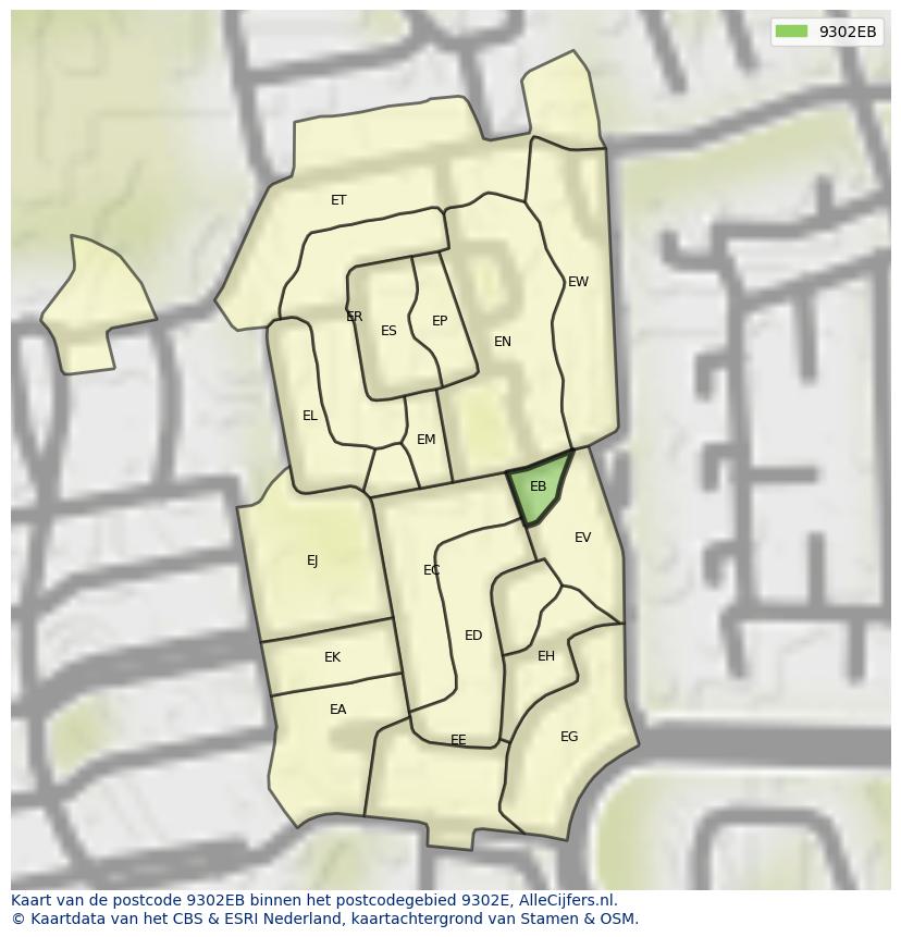 Afbeelding van het postcodegebied 9302 EB op de kaart.