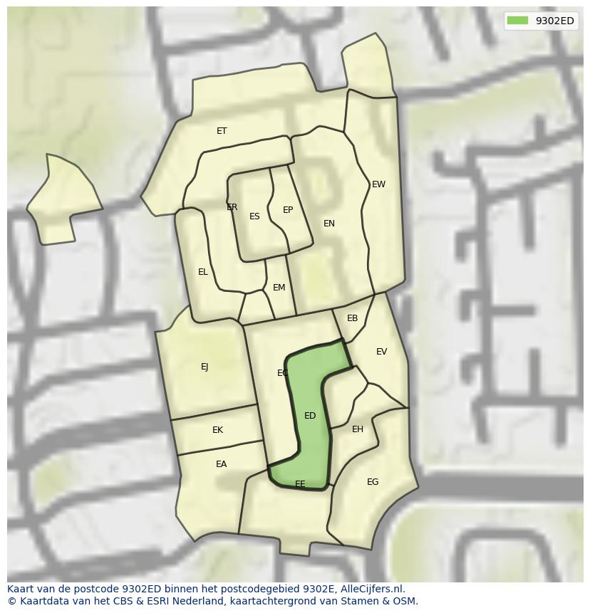 Afbeelding van het postcodegebied 9302 ED op de kaart.