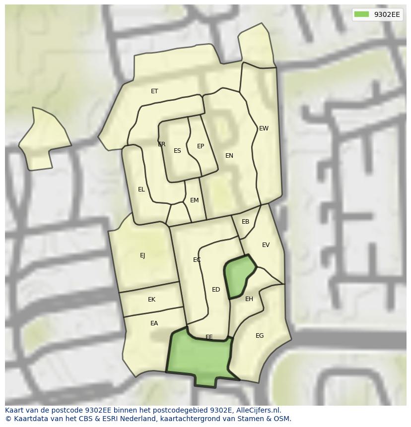 Afbeelding van het postcodegebied 9302 EE op de kaart.