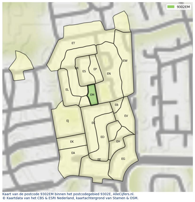Afbeelding van het postcodegebied 9302 EM op de kaart.