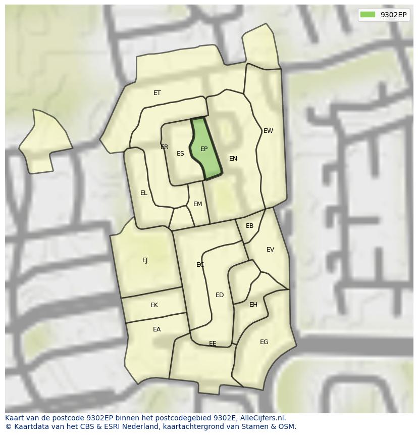 Afbeelding van het postcodegebied 9302 EP op de kaart.