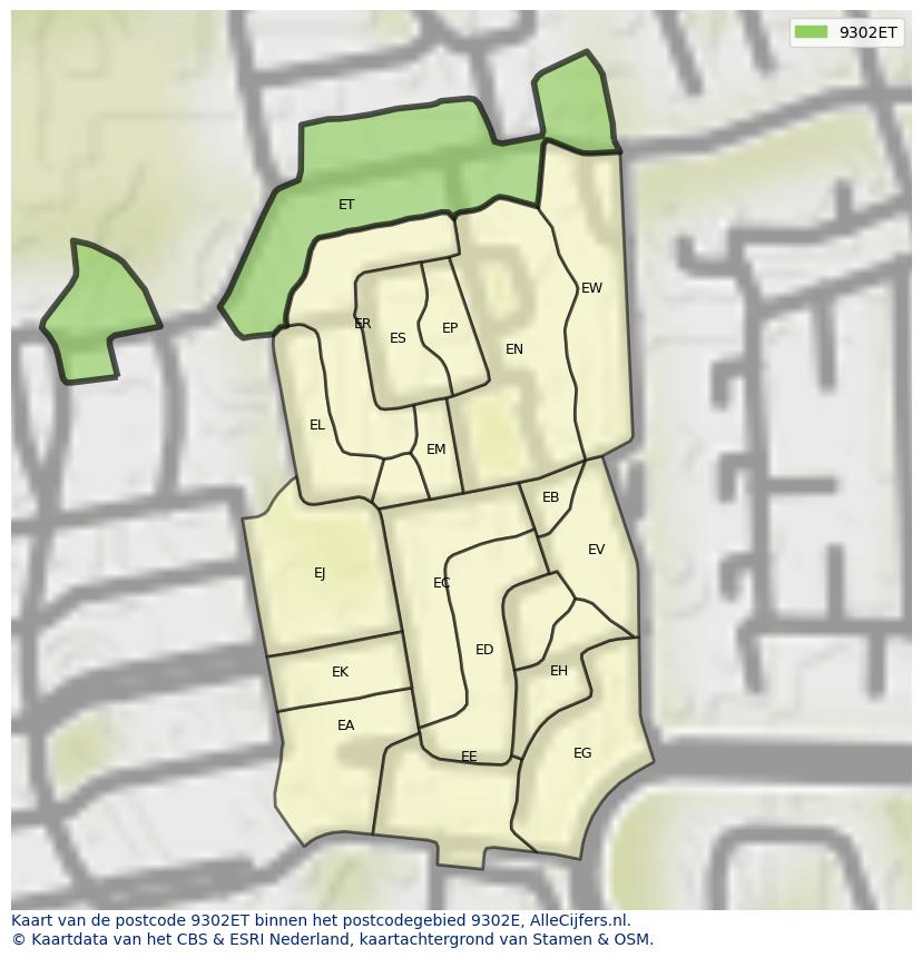 Afbeelding van het postcodegebied 9302 ET op de kaart.