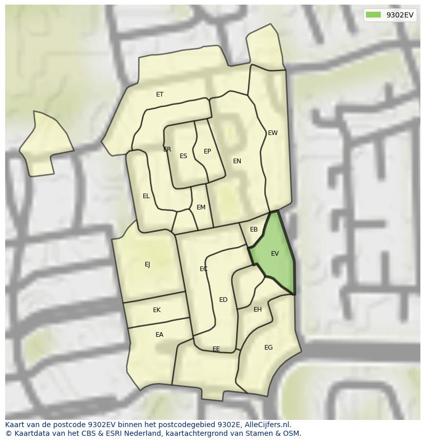 Afbeelding van het postcodegebied 9302 EV op de kaart.