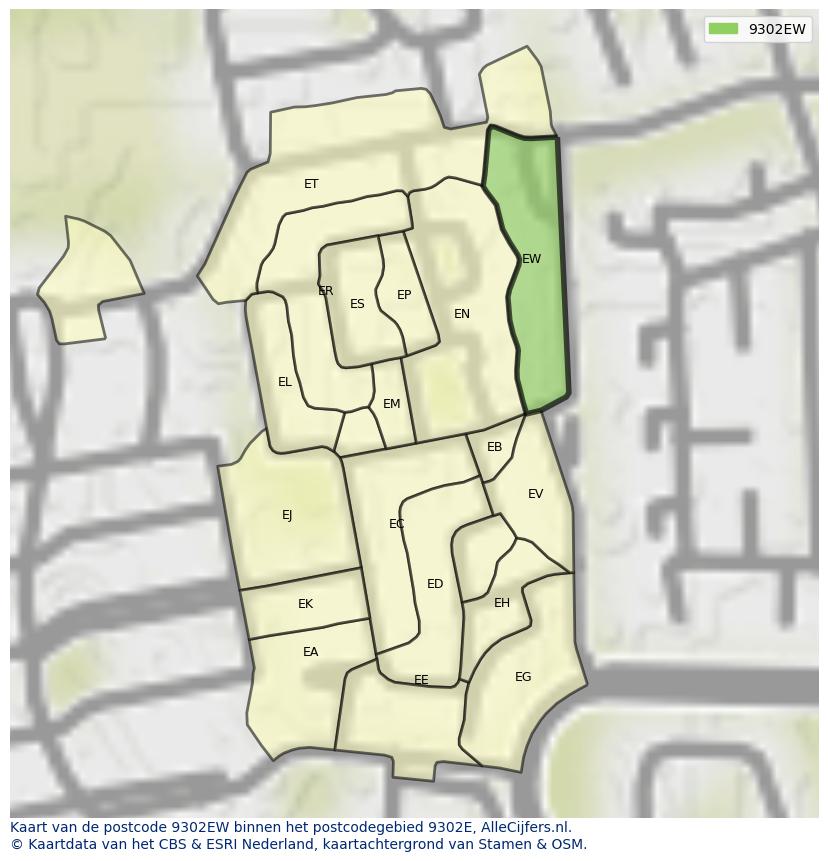 Afbeelding van het postcodegebied 9302 EW op de kaart.