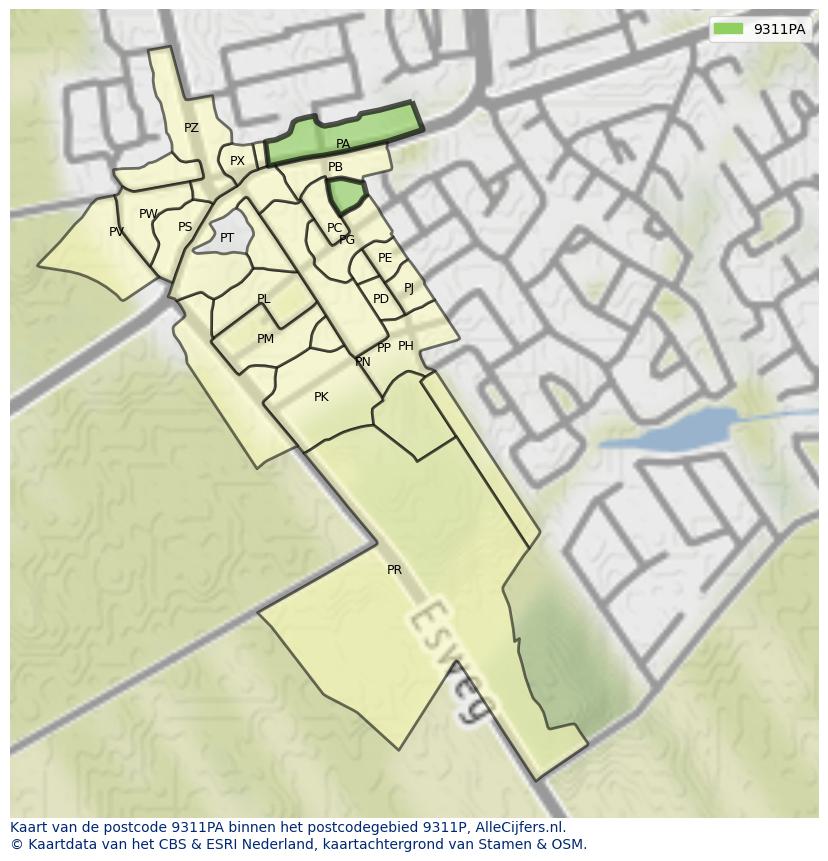 Afbeelding van het postcodegebied 9311 PA op de kaart.