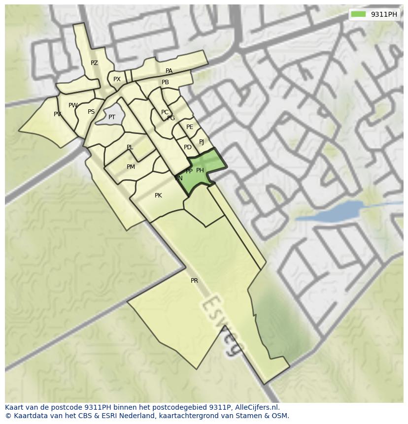 Afbeelding van het postcodegebied 9311 PH op de kaart.