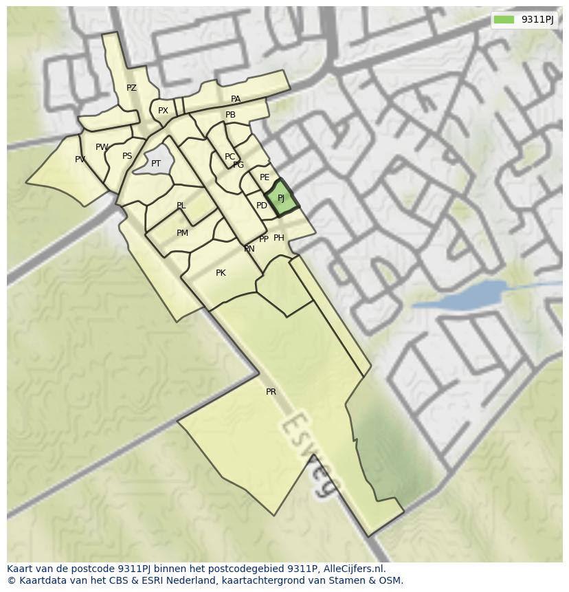 Afbeelding van het postcodegebied 9311 PJ op de kaart.