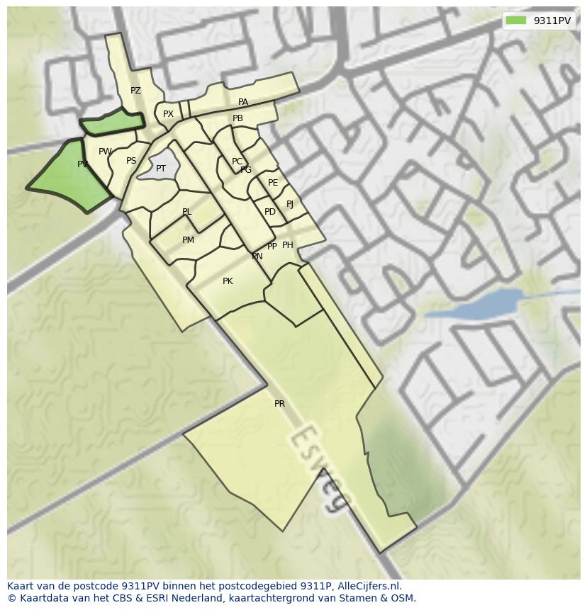 Afbeelding van het postcodegebied 9311 PV op de kaart.
