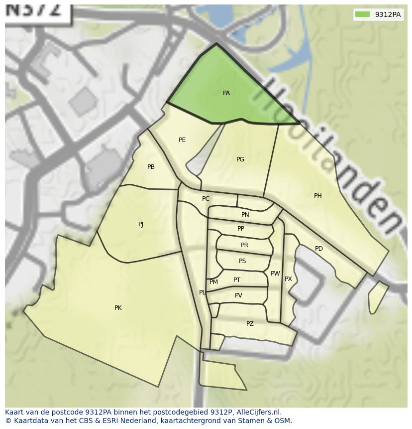 Afbeelding van het postcodegebied 9312 PA op de kaart.