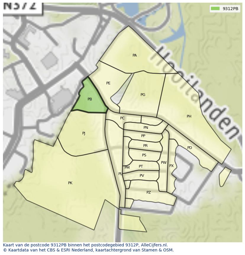 Afbeelding van het postcodegebied 9312 PB op de kaart.