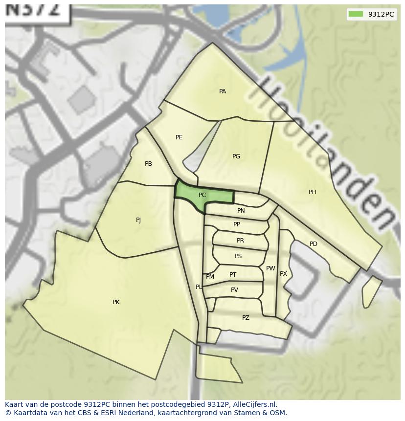 Afbeelding van het postcodegebied 9312 PC op de kaart.