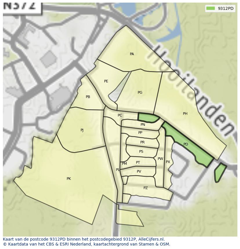 Afbeelding van het postcodegebied 9312 PD op de kaart.