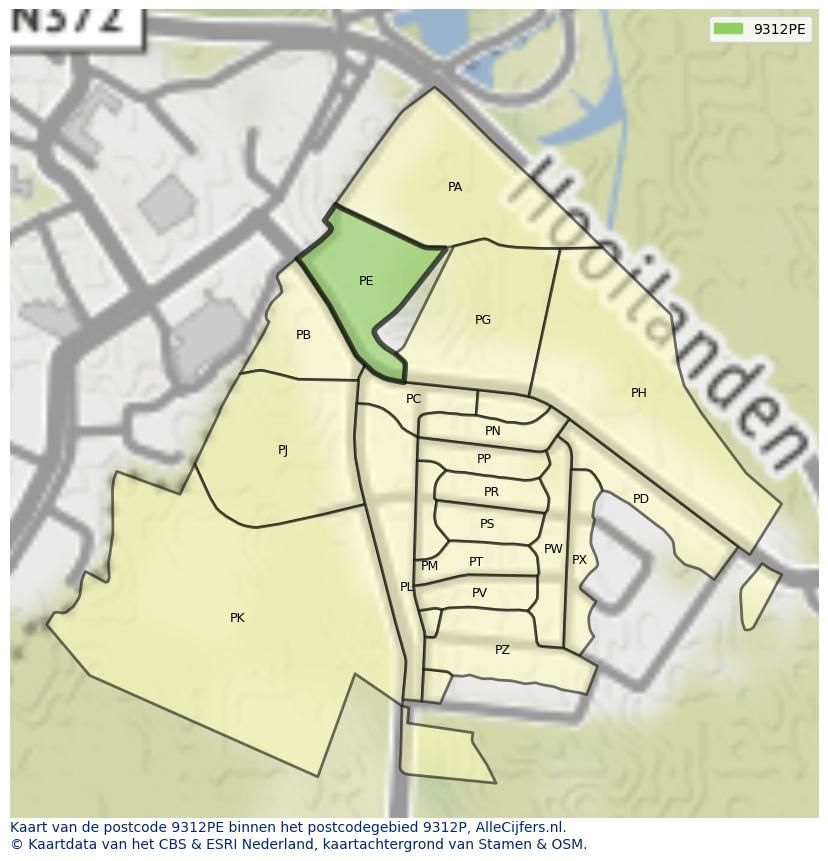 Afbeelding van het postcodegebied 9312 PE op de kaart.