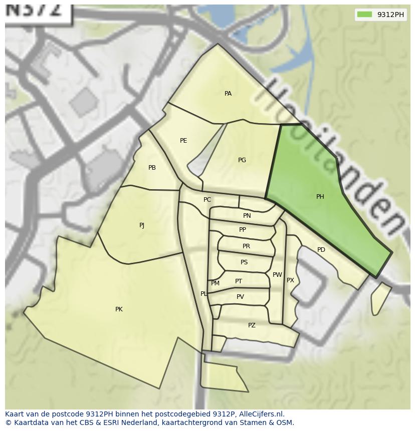 Afbeelding van het postcodegebied 9312 PH op de kaart.