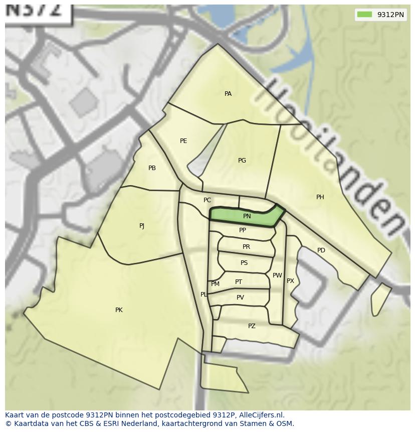 Afbeelding van het postcodegebied 9312 PN op de kaart.