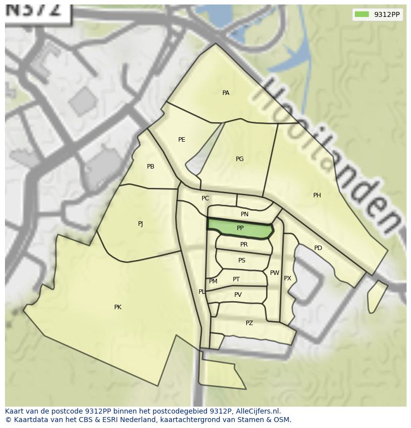 Afbeelding van het postcodegebied 9312 PP op de kaart.