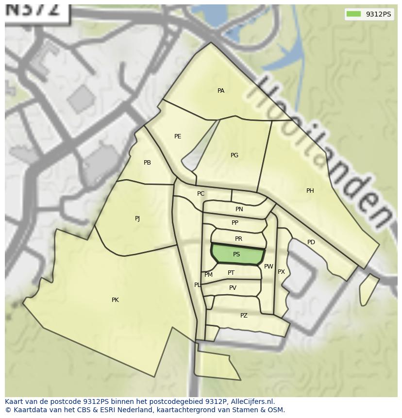 Afbeelding van het postcodegebied 9312 PS op de kaart.