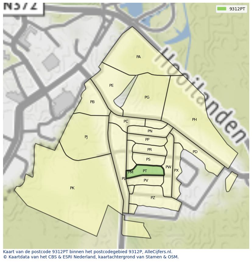 Afbeelding van het postcodegebied 9312 PT op de kaart.
