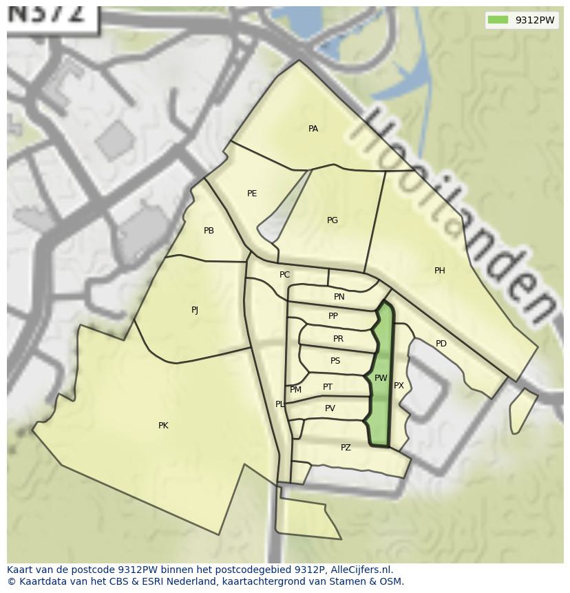 Afbeelding van het postcodegebied 9312 PW op de kaart.