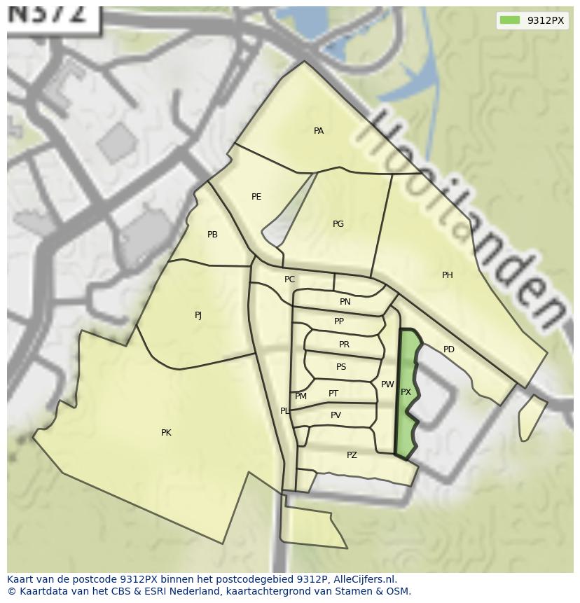 Afbeelding van het postcodegebied 9312 PX op de kaart.