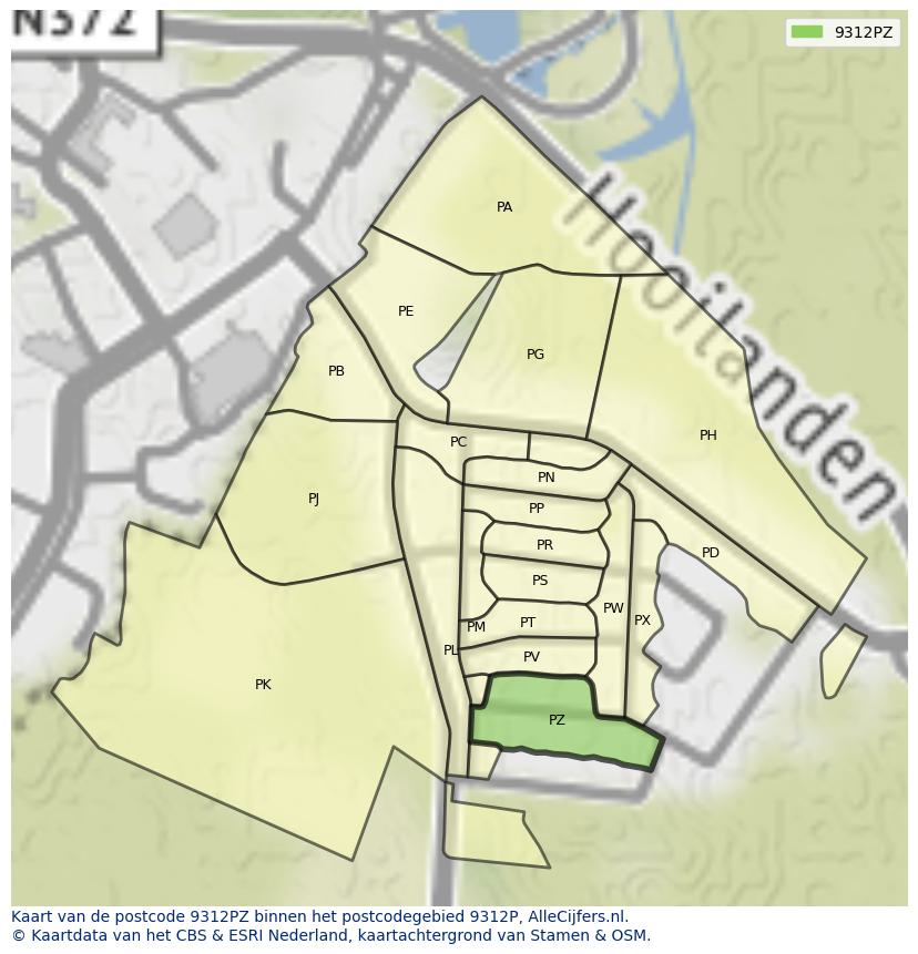 Afbeelding van het postcodegebied 9312 PZ op de kaart.