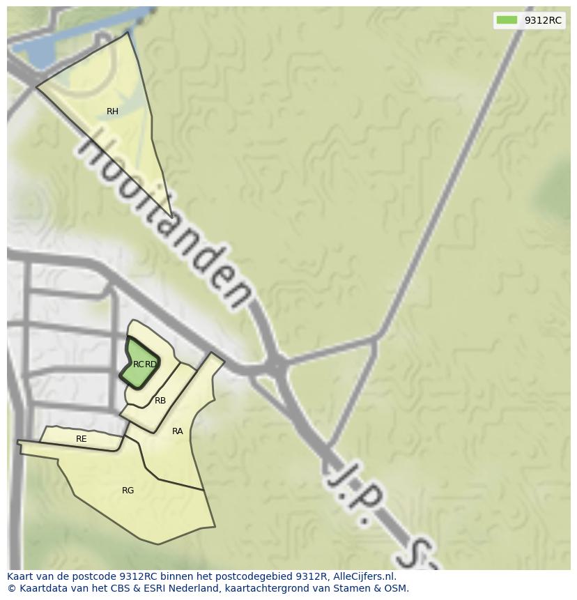 Afbeelding van het postcodegebied 9312 RC op de kaart.