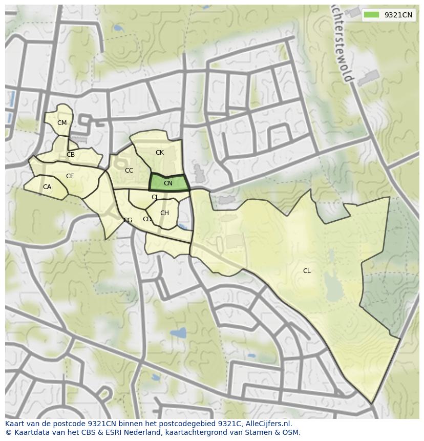 Afbeelding van het postcodegebied 9321 CN op de kaart.