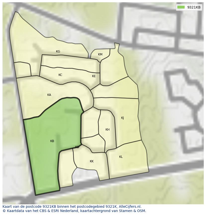 Afbeelding van het postcodegebied 9321 KB op de kaart.