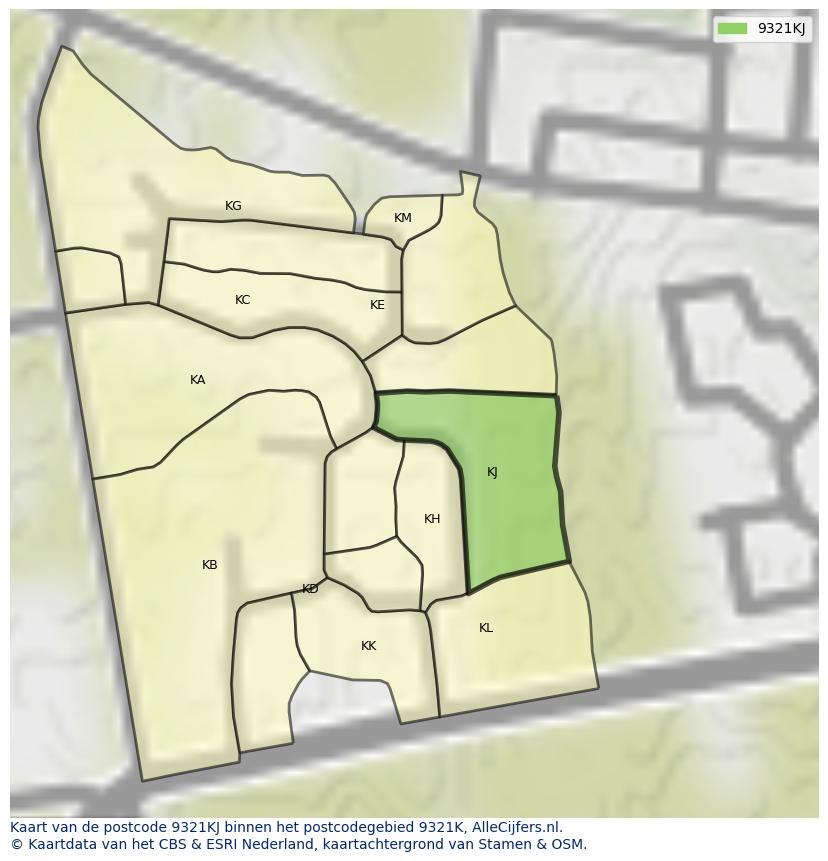 Afbeelding van het postcodegebied 9321 KJ op de kaart.