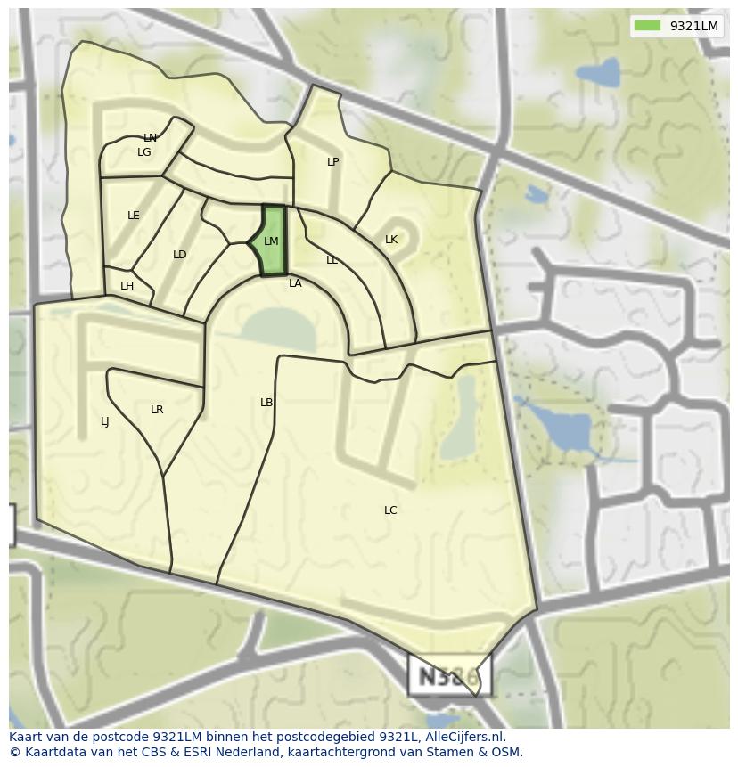 Afbeelding van het postcodegebied 9321 LM op de kaart.
