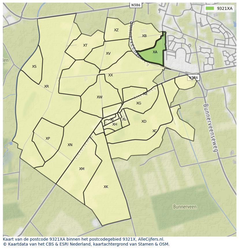 Afbeelding van het postcodegebied 9321 XA op de kaart.