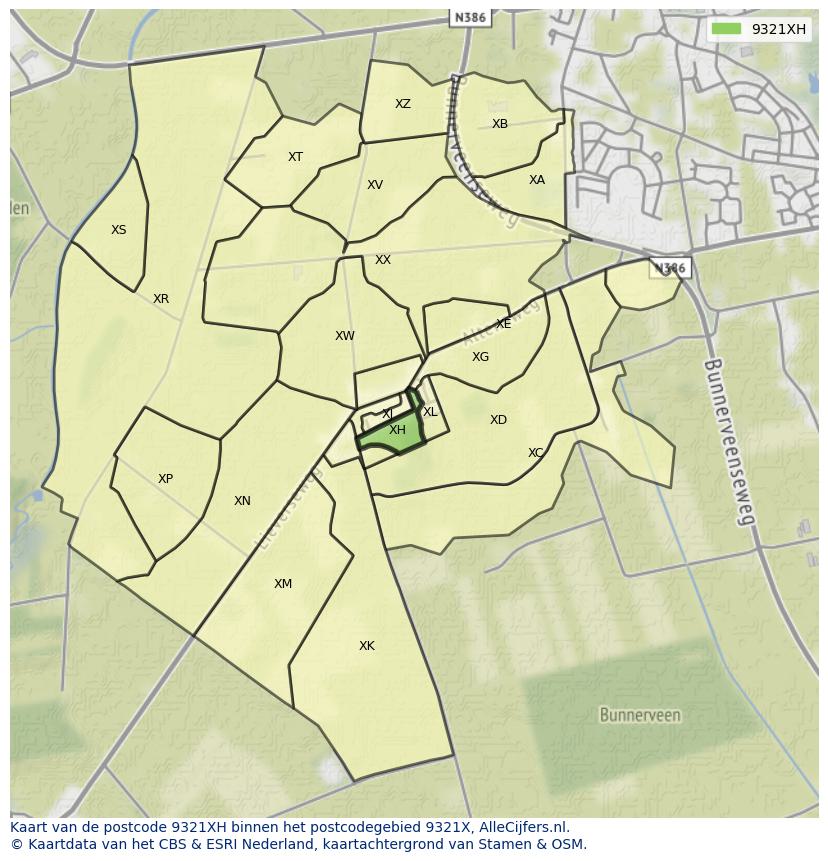 Afbeelding van het postcodegebied 9321 XH op de kaart.