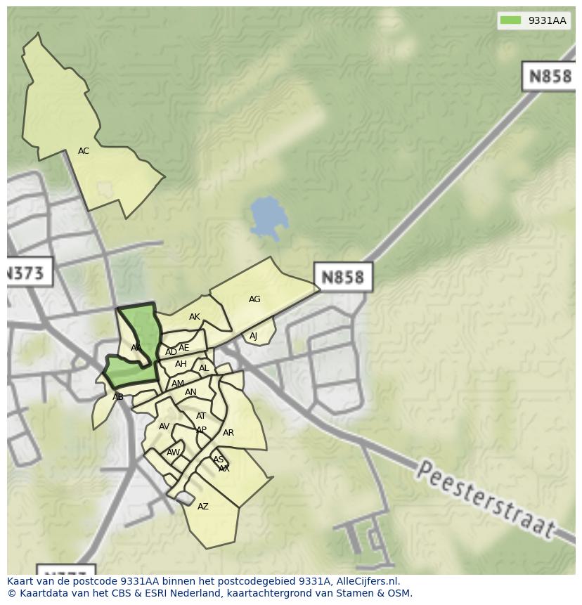Afbeelding van het postcodegebied 9331 AA op de kaart.