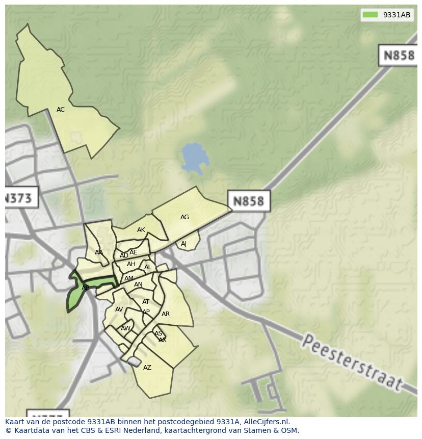 Afbeelding van het postcodegebied 9331 AB op de kaart.