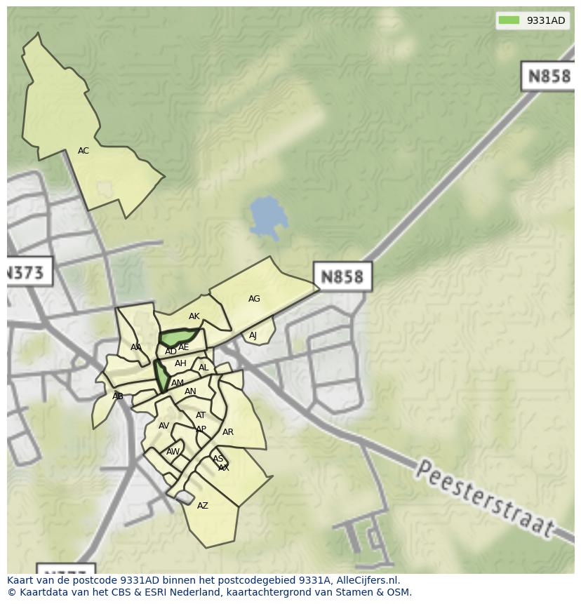 Afbeelding van het postcodegebied 9331 AD op de kaart.