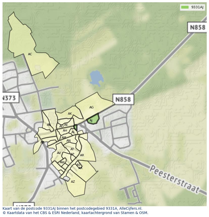 Afbeelding van het postcodegebied 9331 AJ op de kaart.