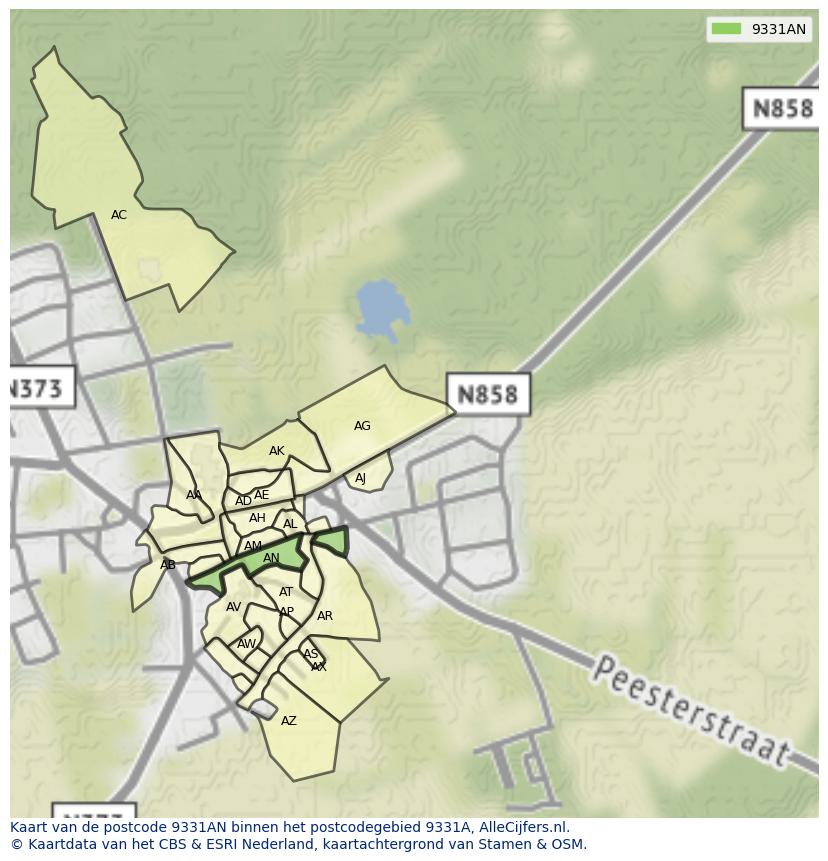 Afbeelding van het postcodegebied 9331 AN op de kaart.