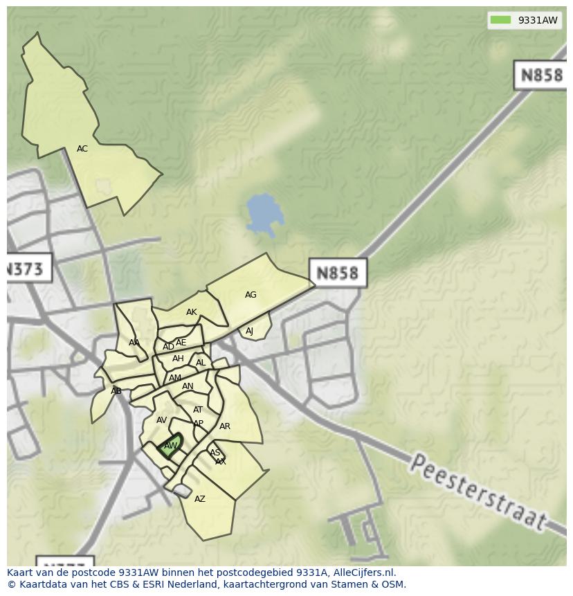 Afbeelding van het postcodegebied 9331 AW op de kaart.