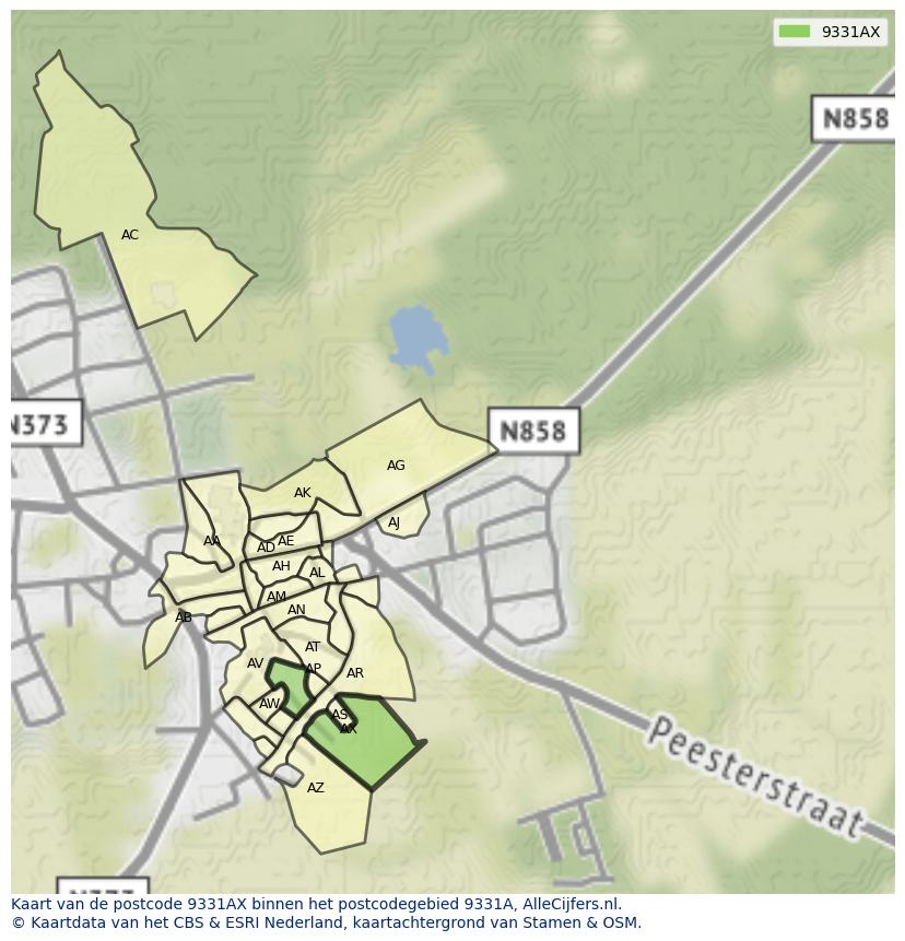 Afbeelding van het postcodegebied 9331 AX op de kaart.