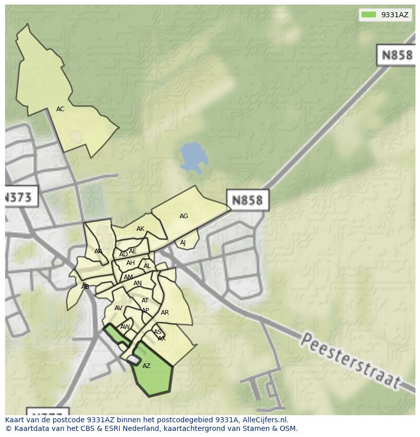 Afbeelding van het postcodegebied 9331 AZ op de kaart.
