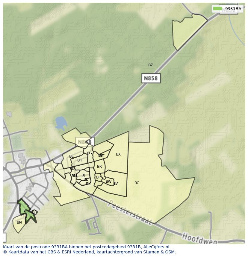 Afbeelding van het postcodegebied 9331 BA op de kaart.