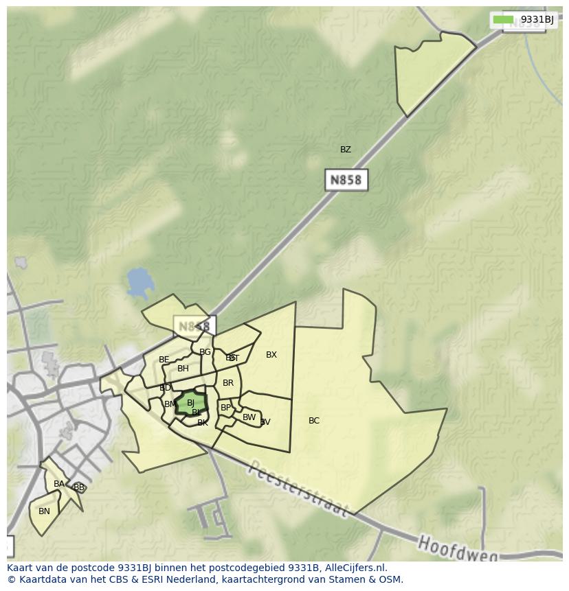 Afbeelding van het postcodegebied 9331 BJ op de kaart.