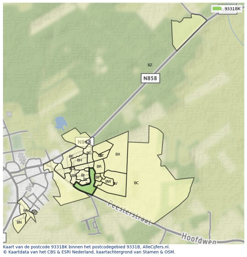 Afbeelding van het postcodegebied 9331 BK op de kaart.