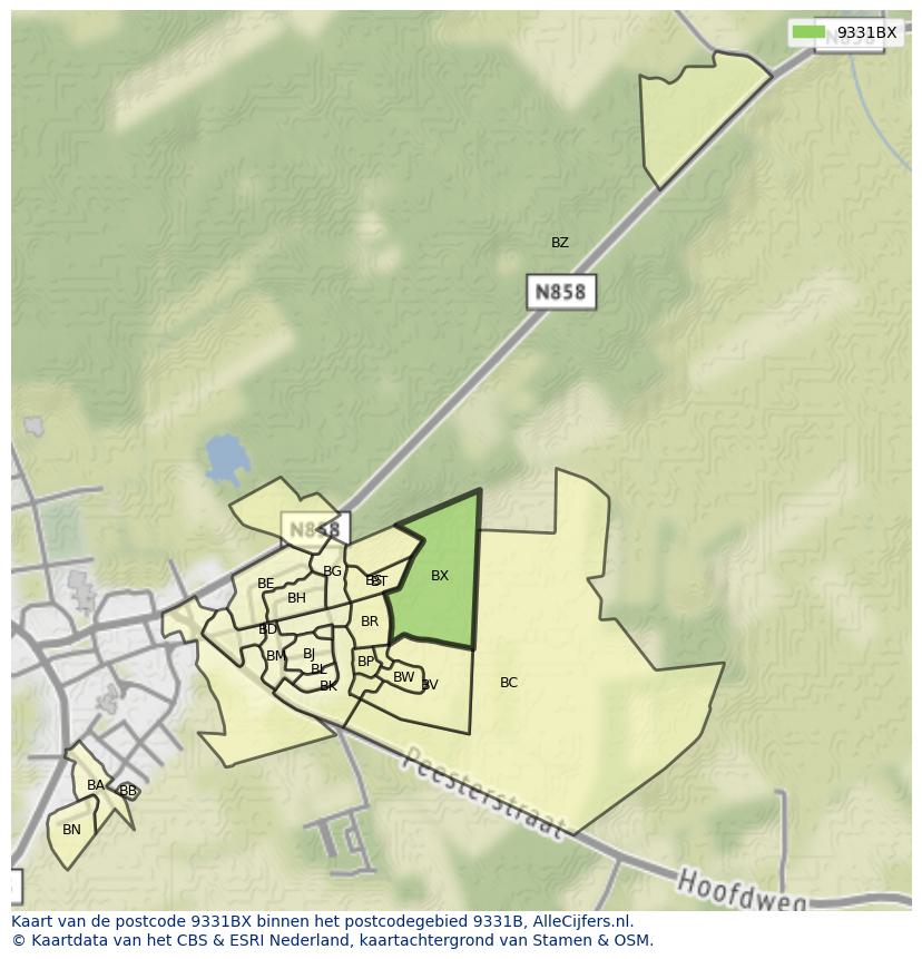 Afbeelding van het postcodegebied 9331 BX op de kaart.