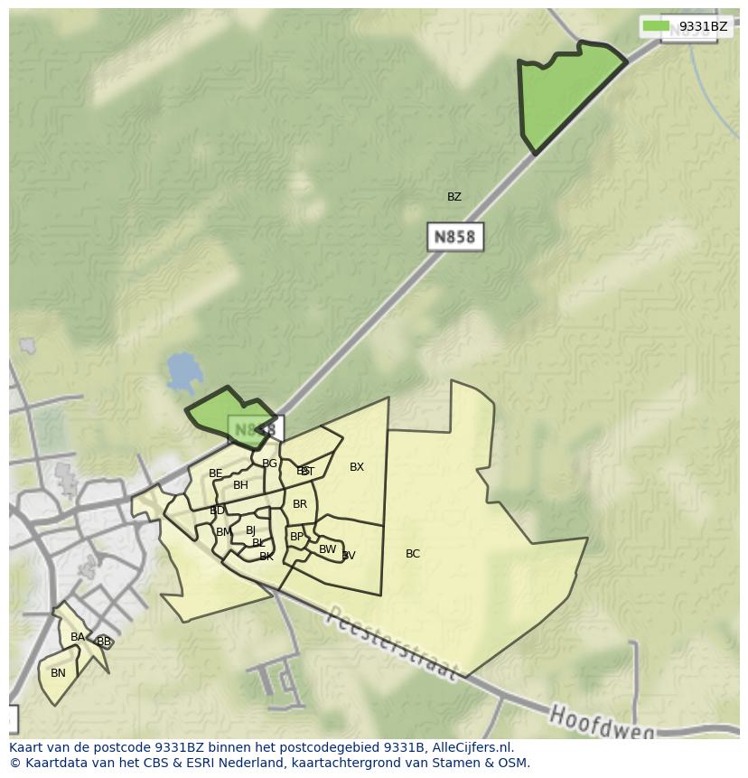 Afbeelding van het postcodegebied 9331 BZ op de kaart.