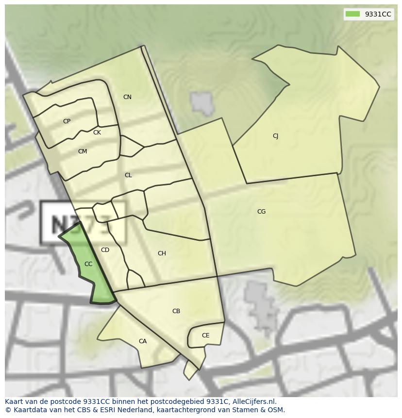 Afbeelding van het postcodegebied 9331 CC op de kaart.